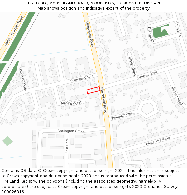FLAT D, 44, MARSHLAND ROAD, MOORENDS, DONCASTER, DN8 4PB: Location map and indicative extent of plot