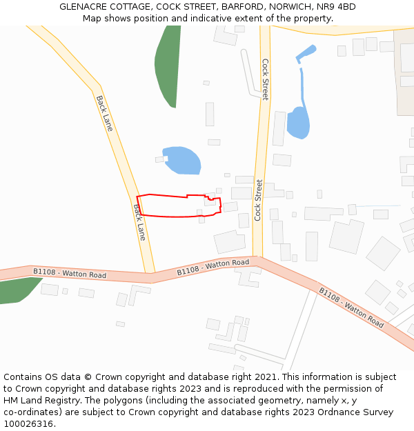 GLENACRE COTTAGE, COCK STREET, BARFORD, NORWICH, NR9 4BD: Location map and indicative extent of plot