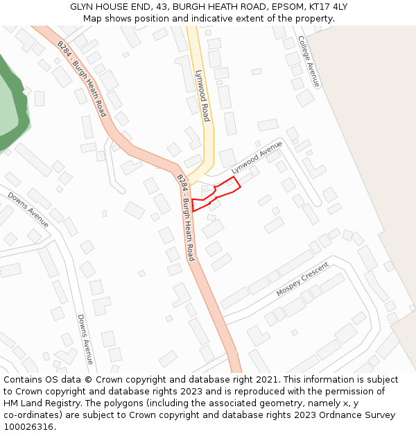 GLYN HOUSE END, 43, BURGH HEATH ROAD, EPSOM, KT17 4LY: Location map and indicative extent of plot
