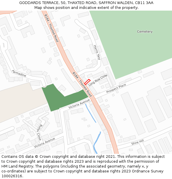 GODDARDS TERRACE, 50, THAXTED ROAD, SAFFRON WALDEN, CB11 3AA: Location map and indicative extent of plot