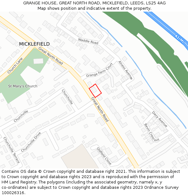 GRANGE HOUSE, GREAT NORTH ROAD, MICKLEFIELD, LEEDS, LS25 4AG: Location map and indicative extent of plot