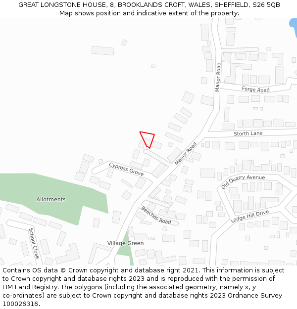 GREAT LONGSTONE HOUSE, 8, BROOKLANDS CROFT, WALES, SHEFFIELD, S26 5QB: Location map and indicative extent of plot