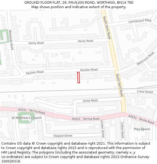 GROUND FLOOR FLAT, 29, PAVILION ROAD, WORTHING, BN14 7EE: Location map and indicative extent of plot