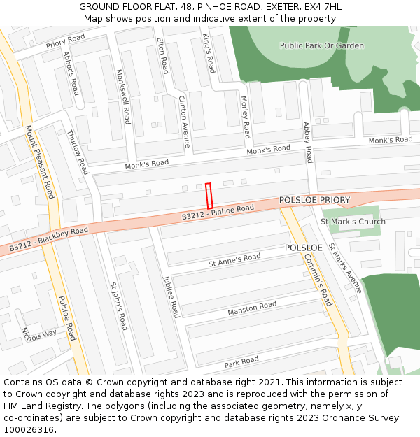 GROUND FLOOR FLAT, 48, PINHOE ROAD, EXETER, EX4 7HL: Location map and indicative extent of plot
