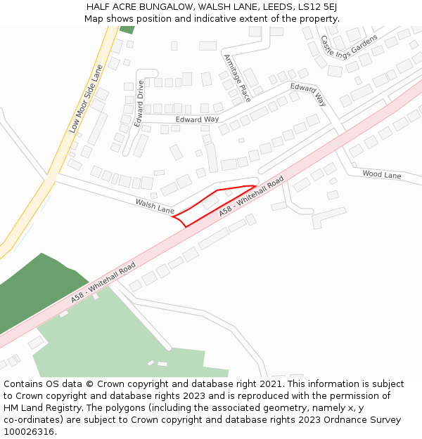 HALF ACRE BUNGALOW, WALSH LANE, LEEDS, LS12 5EJ: Location map and indicative extent of plot