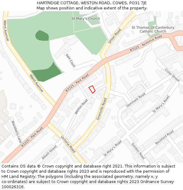 HARTRIDGE COTTAGE, WESTON ROAD, COWES, PO31 7JE: Location map and indicative extent of plot