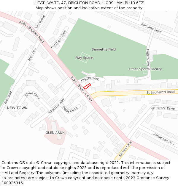 HEATHWAITE, 47, BRIGHTON ROAD, HORSHAM, RH13 6EZ: Location map and indicative extent of plot