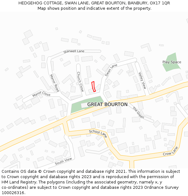 HEDGEHOG COTTAGE, SWAN LANE, GREAT BOURTON, BANBURY, OX17 1QR: Location map and indicative extent of plot