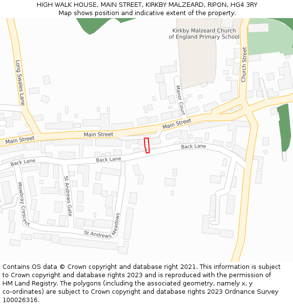 HIGH WALK HOUSE, MAIN STREET, KIRKBY MALZEARD, RIPON, HG4 3RY: Location map and indicative extent of plot