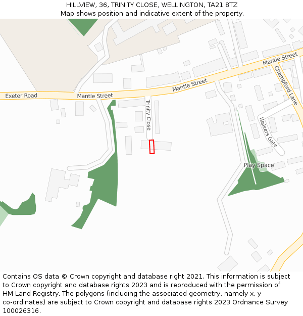 HILLVIEW, 36, TRINITY CLOSE, WELLINGTON, TA21 8TZ: Location map and indicative extent of plot