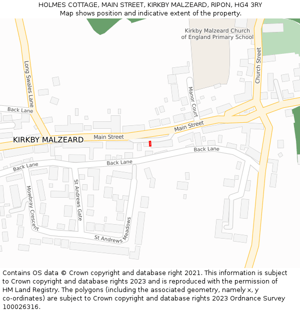 HOLMES COTTAGE, MAIN STREET, KIRKBY MALZEARD, RIPON, HG4 3RY: Location map and indicative extent of plot