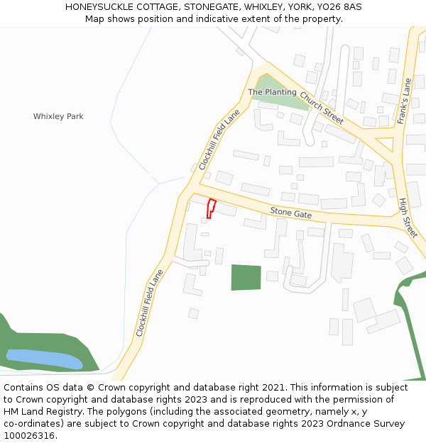 HONEYSUCKLE COTTAGE, STONEGATE, WHIXLEY, YORK, YO26 8AS: Location map and indicative extent of plot