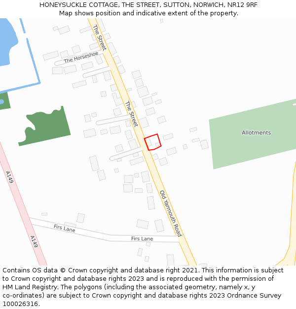HONEYSUCKLE COTTAGE, THE STREET, SUTTON, NORWICH, NR12 9RF: Location map and indicative extent of plot