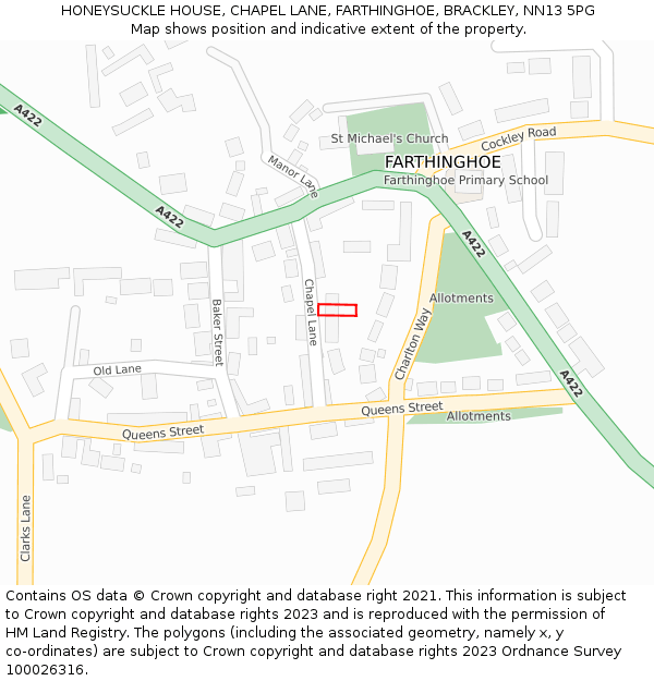 HONEYSUCKLE HOUSE, CHAPEL LANE, FARTHINGHOE, BRACKLEY, NN13 5PG: Location map and indicative extent of plot