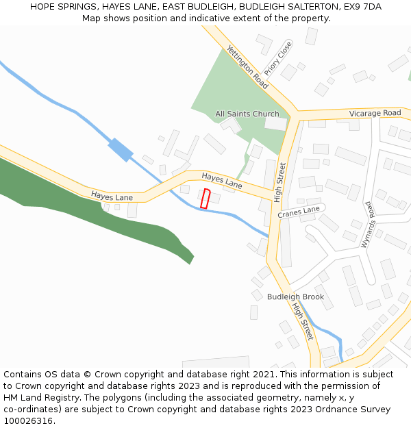 HOPE SPRINGS, HAYES LANE, EAST BUDLEIGH, BUDLEIGH SALTERTON, EX9 7DA: Location map and indicative extent of plot
