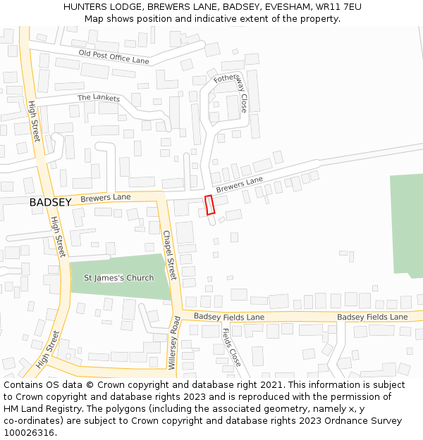 HUNTERS LODGE, BREWERS LANE, BADSEY, EVESHAM, WR11 7EU: Location map and indicative extent of plot
