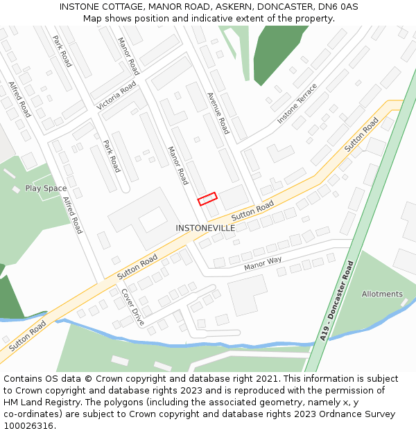 INSTONE COTTAGE, MANOR ROAD, ASKERN, DONCASTER, DN6 0AS: Location map and indicative extent of plot