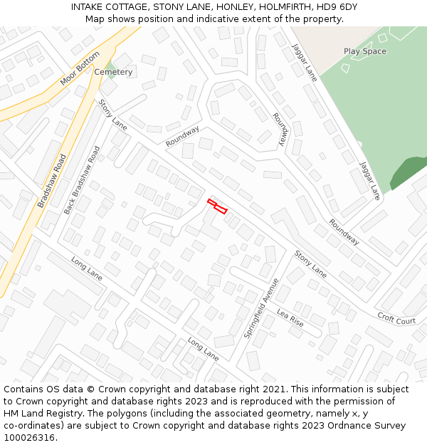 INTAKE COTTAGE, STONY LANE, HONLEY, HOLMFIRTH, HD9 6DY: Location map and indicative extent of plot