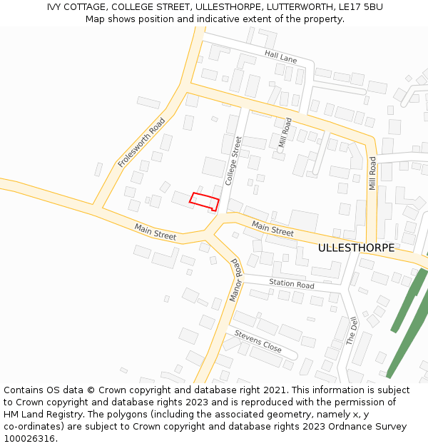 IVY COTTAGE, COLLEGE STREET, ULLESTHORPE, LUTTERWORTH, LE17 5BU: Location map and indicative extent of plot