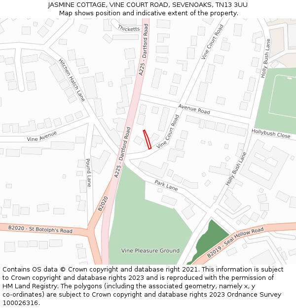 JASMINE COTTAGE, VINE COURT ROAD, SEVENOAKS, TN13 3UU: Location map and indicative extent of plot
