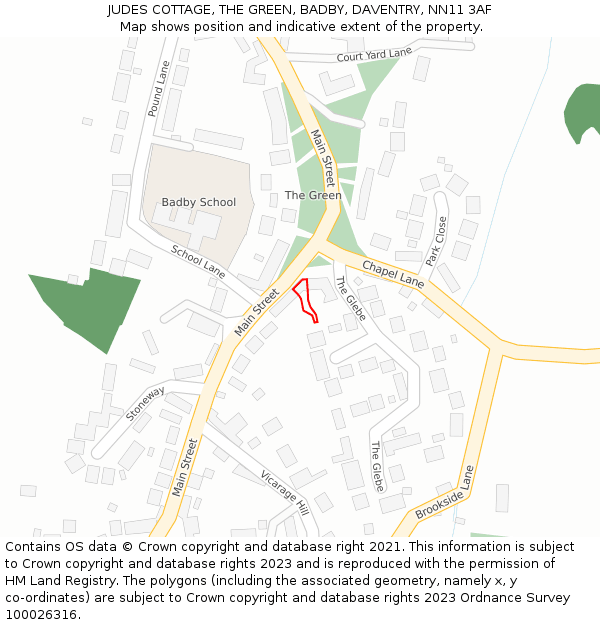JUDES COTTAGE, THE GREEN, BADBY, DAVENTRY, NN11 3AF: Location map and indicative extent of plot