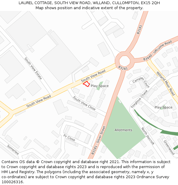 LAUREL COTTAGE, SOUTH VIEW ROAD, WILLAND, CULLOMPTON, EX15 2QH: Location map and indicative extent of plot