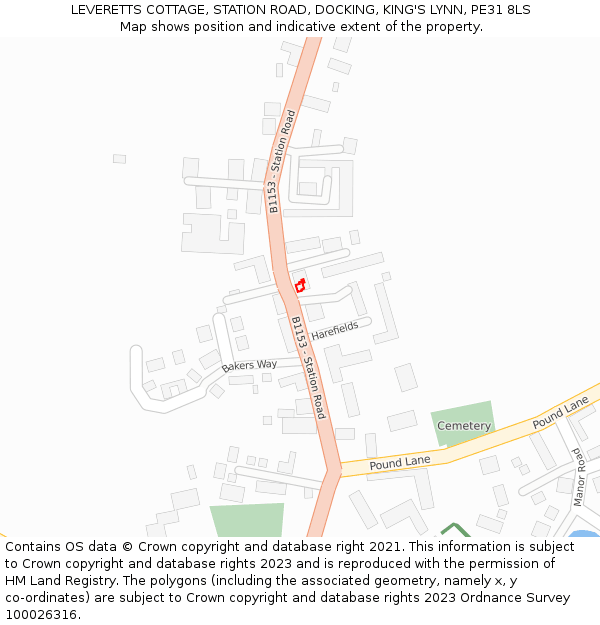 LEVERETTS COTTAGE, STATION ROAD, DOCKING, KING'S LYNN, PE31 8LS: Location map and indicative extent of plot