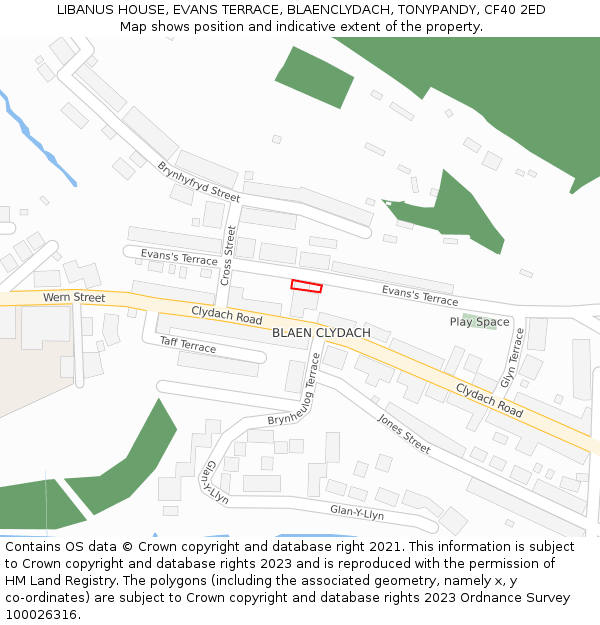 LIBANUS HOUSE, EVANS TERRACE, BLAENCLYDACH, TONYPANDY, CF40 2ED: Location map and indicative extent of plot