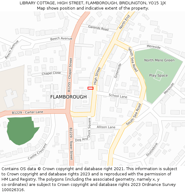 LIBRARY COTTAGE, HIGH STREET, FLAMBOROUGH, BRIDLINGTON, YO15 1JX: Location map and indicative extent of plot