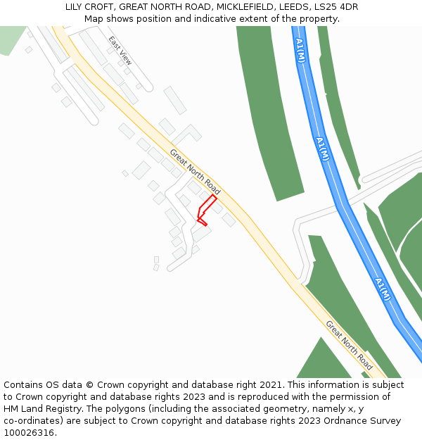 LILY CROFT, GREAT NORTH ROAD, MICKLEFIELD, LEEDS, LS25 4DR: Location map and indicative extent of plot