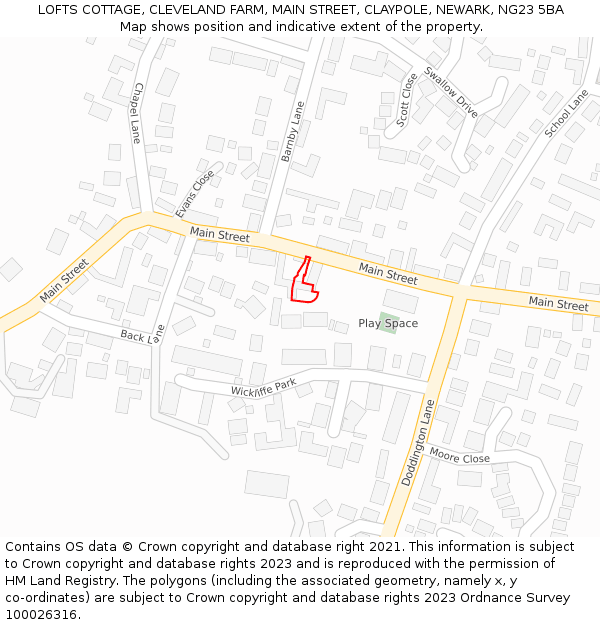 LOFTS COTTAGE, CLEVELAND FARM, MAIN STREET, CLAYPOLE, NEWARK, NG23 5BA: Location map and indicative extent of plot