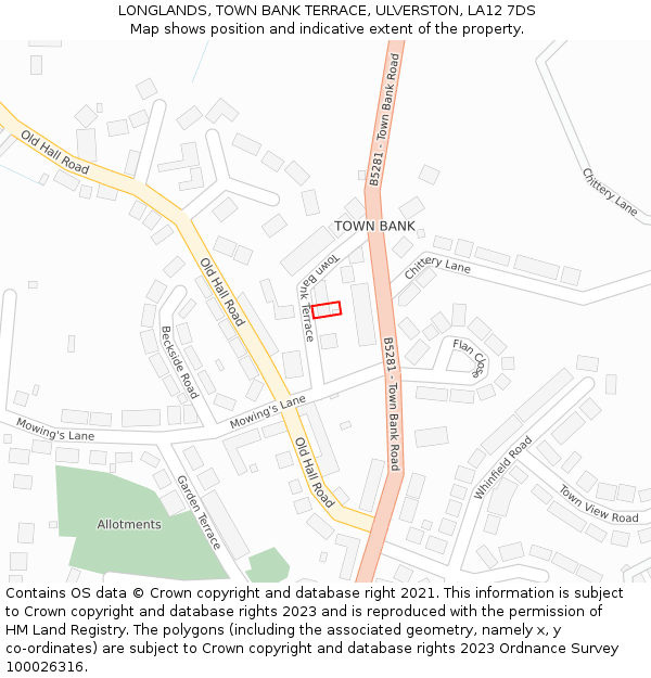 LONGLANDS, TOWN BANK TERRACE, ULVERSTON, LA12 7DS: Location map and indicative extent of plot