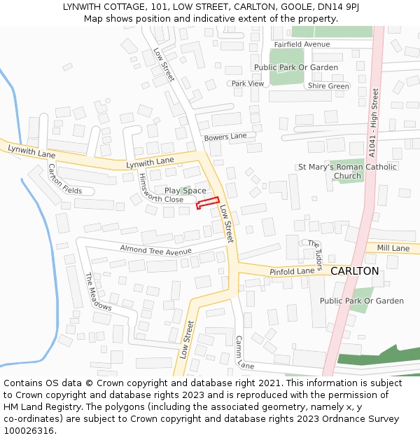 LYNWITH COTTAGE, 101, LOW STREET, CARLTON, GOOLE, DN14 9PJ: Location map and indicative extent of plot