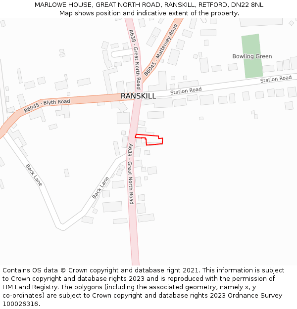MARLOWE HOUSE, GREAT NORTH ROAD, RANSKILL, RETFORD, DN22 8NL: Location map and indicative extent of plot