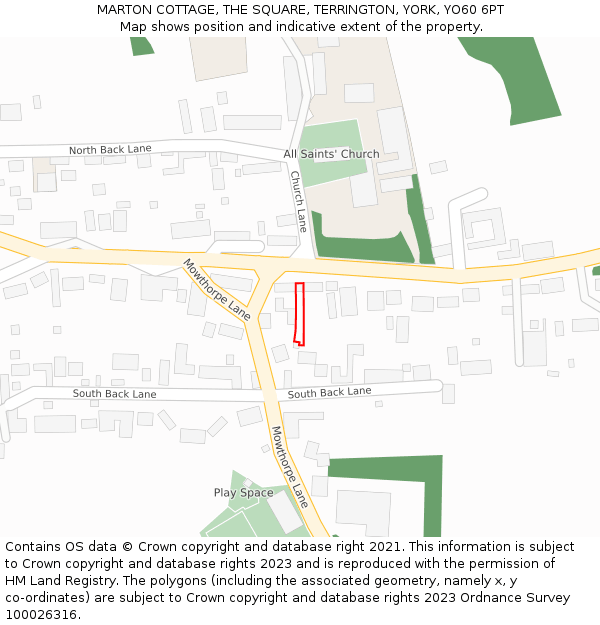 MARTON COTTAGE, THE SQUARE, TERRINGTON, YORK, YO60 6PT: Location map and indicative extent of plot
