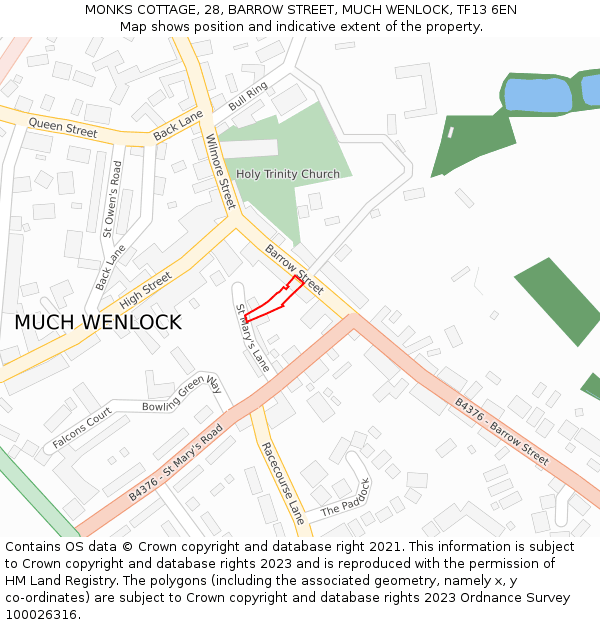MONKS COTTAGE, 28, BARROW STREET, MUCH WENLOCK, TF13 6EN: Location map and indicative extent of plot