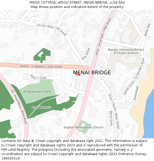 MOSS COTTAGE, WOOD STREET, MENAI BRIDGE, LL59 5AS: Location map and indicative extent of plot
