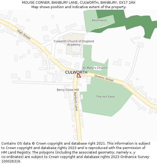 MOUSE CORNER, BANBURY LANE, CULWORTH, BANBURY, OX17 2AX: Location map and indicative extent of plot