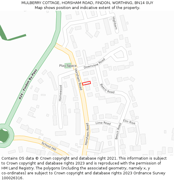 MULBERRY COTTAGE, HORSHAM ROAD, FINDON, WORTHING, BN14 0UY: Location map and indicative extent of plot