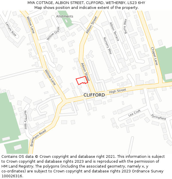 MYA COTTAGE, ALBION STREET, CLIFFORD, WETHERBY, LS23 6HY: Location map and indicative extent of plot
