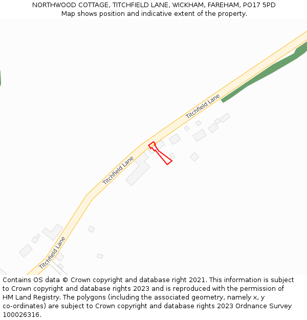 NORTHWOOD COTTAGE, TITCHFIELD LANE, WICKHAM, FAREHAM, PO17 5PD: Location map and indicative extent of plot