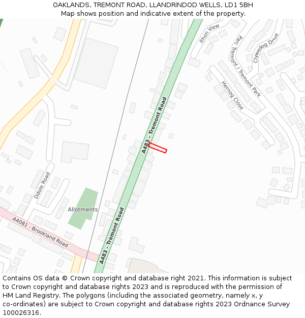 OAKLANDS, TREMONT ROAD, LLANDRINDOD WELLS, LD1 5BH: Location map and indicative extent of plot