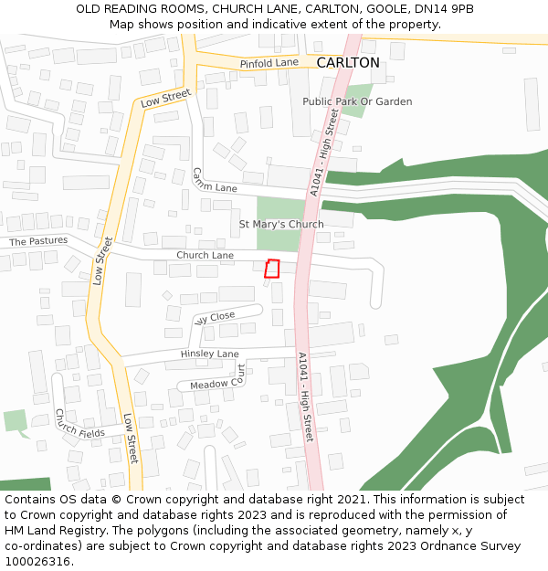 OLD READING ROOMS, CHURCH LANE, CARLTON, GOOLE, DN14 9PB: Location map and indicative extent of plot
