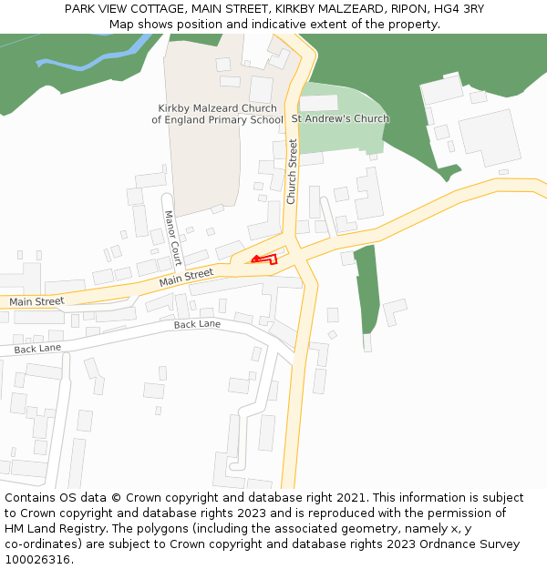 PARK VIEW COTTAGE, MAIN STREET, KIRKBY MALZEARD, RIPON, HG4 3RY: Location map and indicative extent of plot
