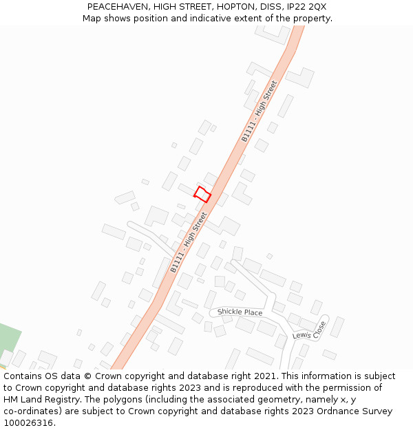 PEACEHAVEN, HIGH STREET, HOPTON, DISS, IP22 2QX: Location map and indicative extent of plot