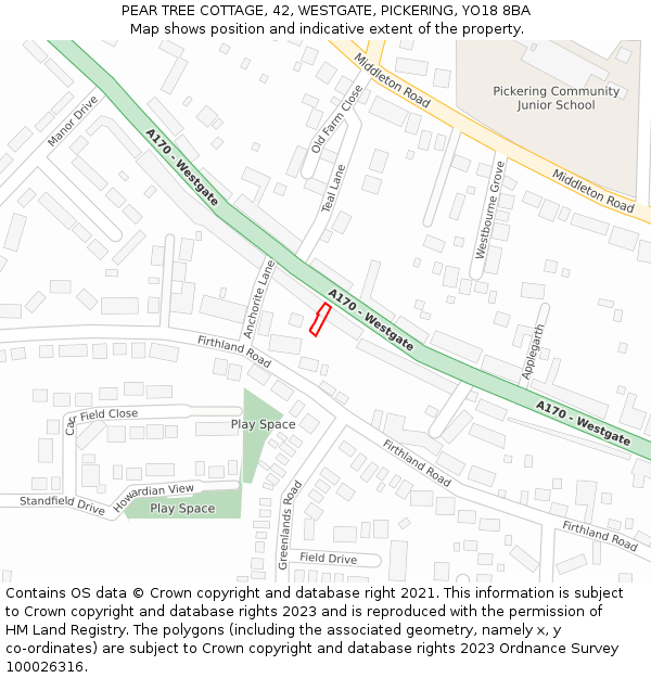 PEAR TREE COTTAGE, 42, WESTGATE, PICKERING, YO18 8BA: Location map and indicative extent of plot