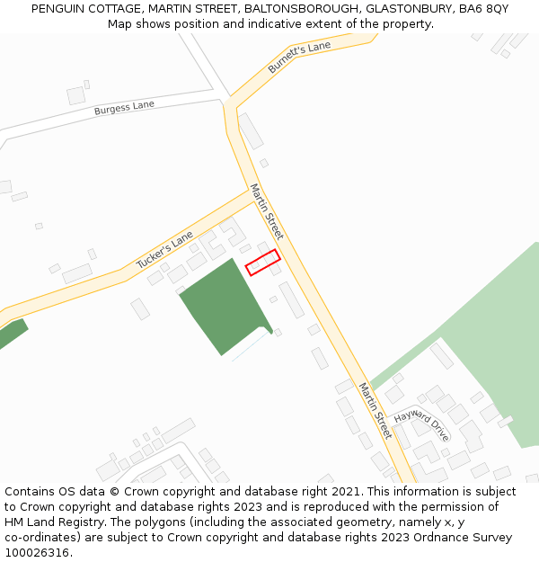 PENGUIN COTTAGE, MARTIN STREET, BALTONSBOROUGH, GLASTONBURY, BA6 8QY: Location map and indicative extent of plot