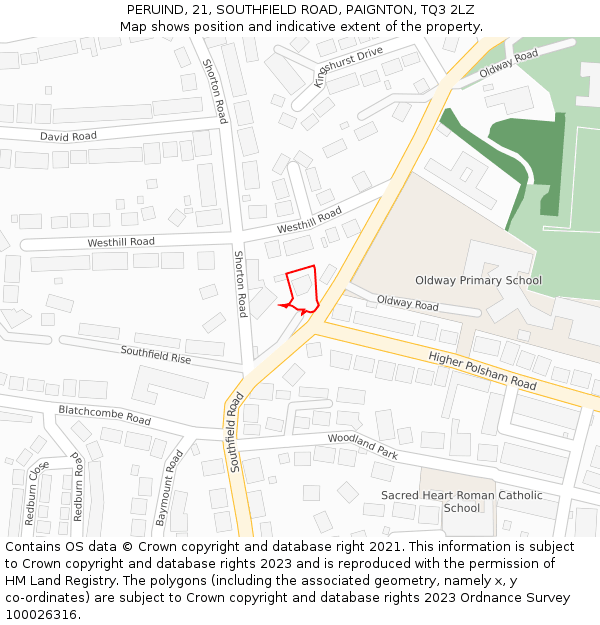 PERUIND, 21, SOUTHFIELD ROAD, PAIGNTON, TQ3 2LZ: Location map and indicative extent of plot