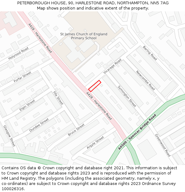 PETERBOROUGH HOUSE, 90, HARLESTONE ROAD, NORTHAMPTON, NN5 7AG: Location map and indicative extent of plot