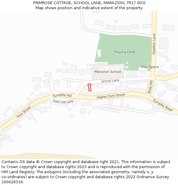 PRIMROSE COTTAGE, SCHOOL LANE, MARAZION, TR17 0DG: Location map and indicative extent of plot
